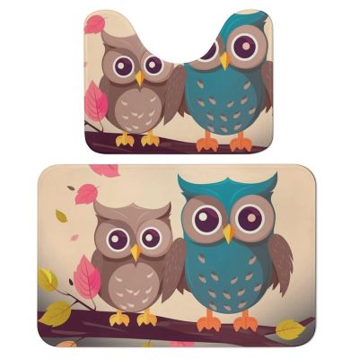 OURTEV Bathroom Rug Sets of 2 Bath Mat Cute Owls Absorbent Bath Rugs Set Non-Slip Toilet Mat U Shape Contour Rug Dry Quickly Shower Mat for Bathroom Bedroom Kitchen