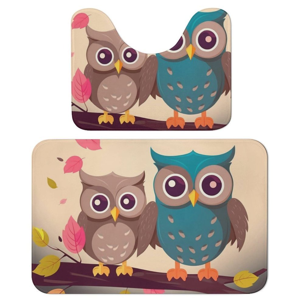 OURTEV Bathroom Rug Sets of 2 Bath Mat Cute Owls Absorbent Bath Rugs Set Non-Slip Toilet Mat U Shape Contour Rug Dry Quickly Shower Mat for Bathroom Bedroom Kitchen