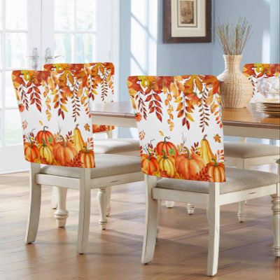 DecorLovee Burnt Orange Fall Chair Back Cover, Dining Chair Protector Covers, Watercolor Maple Leaf Pumpkins Thanksgiving Chair Covers Removable Chair Slipcovers for Weeding Banquet 19"x20", 6 Pack