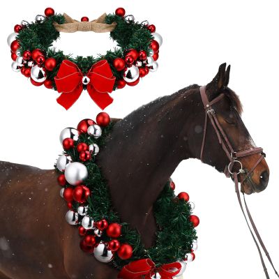 Dingion Christmas Wreath Horse Christmas Horses Neck Garland 16.9 Inches Artificial Outdoor Garland Horse Costume Rustic Farmhouse Decor for Xmas Holiday Party Parades Supplies(Xmas Bow Style)