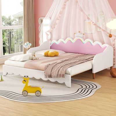 SOFTSEA Twin Upholstered Princess Daybed with LED Lights, Girls Daybed with Extendable Trundle, Twin to King Faux Leather Daybed Frame with Crown Headboard for Kids Teens, White