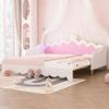SOFTSEA Twin Upholstered Princess Daybed with LED Lights, Girls Daybed with Extendable Trundle, Twin to King Faux Leather Daybed Frame with Crown Headboard for Kids Teens, White view 4