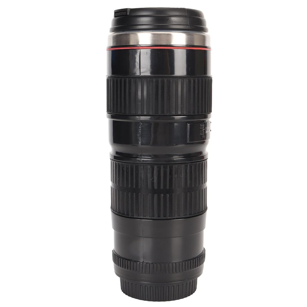 Asixxsix Camera Lens Coffee Mug, Stainless Steel Cup with Lid and Spoon, for Photographers Men Women, Portable Travel Mug (Black)