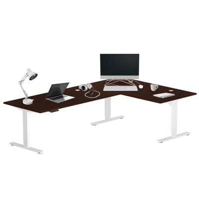 Progressive Desk Stand Up Height Adjustable Electric Standing Desk - L Shaped 88" x 55" Corner 3 Stage Executive Computer Table Rising Workstation - White Frame, Roasted Walnut Top