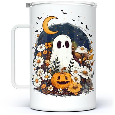 Fall Halloween Ghost Insulated Coffee Mug with Lid, Whimsical Cottagecore Autumn Foliage Pumpkin Spooky Season Cup, Witchy Gifts for Him Her Coworker Daughter Friend (18oz)