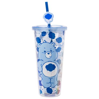 Silver Buffalo Care Bears Grumpy Bear Glitter Plastic Cold Cup with Lid and Straw Topper, 24 Ounces