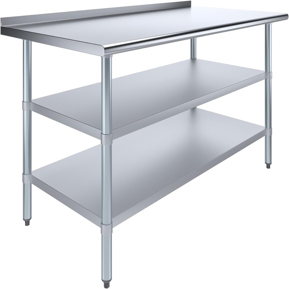 Express KitchQuip Stainless Steel Work Table with 1.5" Backsplash and 2 Shelves | NSF (60" Long x 30" Deep)
