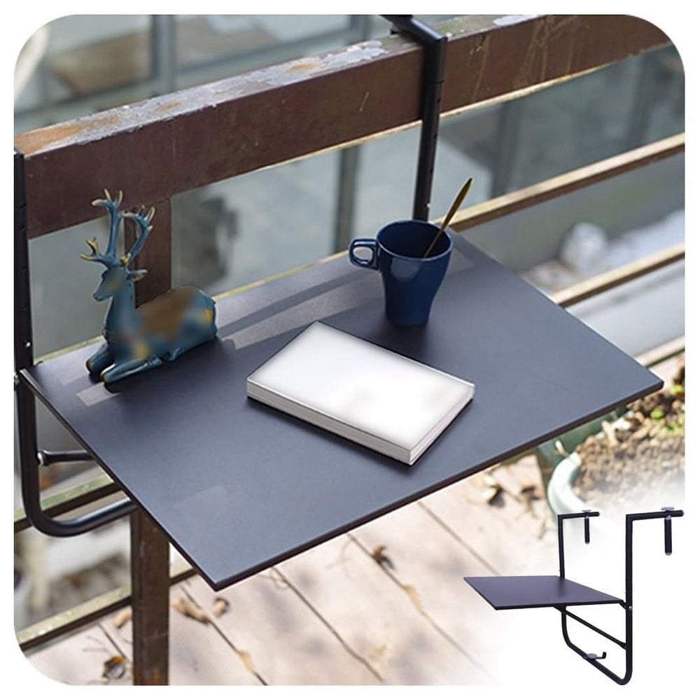 ZHENGQIAN Wrought Iron Folding Balcony Table, Terrace Railing Table, Hanging Foldable Balcony Table, Folding Railing Flower Stand, 4-Speed Height Adjustment, Computer Table(Black)