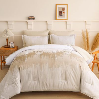WONGS BEDDING Comforter Set Queen, Ombre Beige 7 Pieces Bed in a Bag Colorful Abstract Art Gradient Comforter Soft Microfiber Bedding Set with Flat Sheet, Fitted Sheet, Pillow Shams, Pillowcases