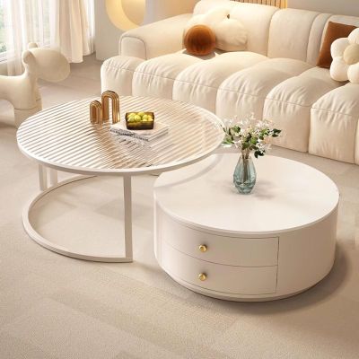 2-Tier Industrial Coffee Table,Round Coffee Table with Steel Frame,with Storage Shelf,White Modern Coffee Tables for Living Room,Modern Simple Center Table,Sturdy and Easy Assembly(Pure white+transpar
