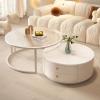 2-Tier Industrial Coffee Table,Round Coffee Table with Steel Frame,with Storage Shelf,White Modern Coffee Tables for Living Room,Modern Simple Center Table,Sturdy and Easy Assembly(Pure white+transpar view 1