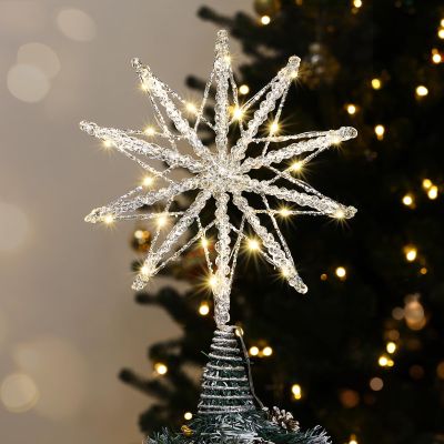 Luxspire Christmas Tree Topper, Lighted Star Tree Topper with USB Remote Control, 10" Clear Metal Christmas Decorations Lights, Light Up Xmas Tree Star Vintage Modern Ornaments for Home Party, Silver