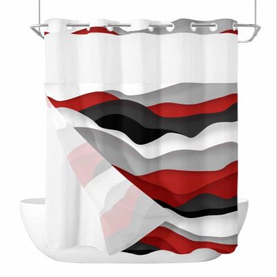 Modern Red Black No Hooks Shower Curtain and Liner Set,Hotel Style Fabric Bathroom Shower Curtains Ocean Waves Geometric Grey White Waterproof Polyester Bath Bathtub Curtain with Sheer Window,60"x72"