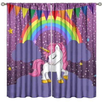 Unicorn Curtain, Cute Rainbow Unicorn Print Kids Cartoon Kawaii Stars Fantasy Window Curtains for Girls Room Bedroom Living Room 52" W X 84" L