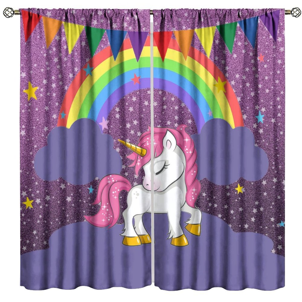 Unicorn Curtain, Cute Rainbow Unicorn Print Kids Cartoon Kawaii Stars Fantasy Window Curtains for Girls Room Bedroom Living Room 52" W X 84" L