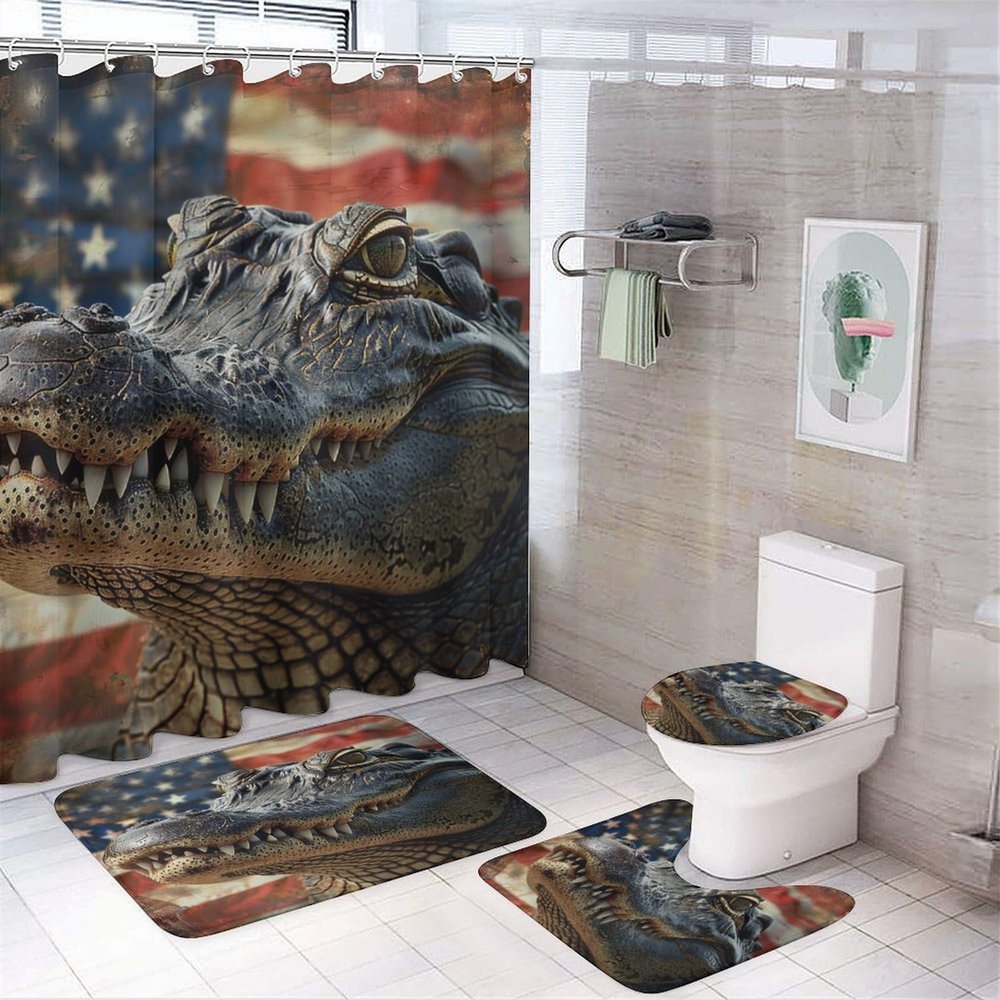 TOWINSFB 4Pcs American Flag Crocodile Shower Curtain Set with Toilet Lid Cover Non-Slip Rugs for Bathroom, Fierce Alligator USA Patriotic Animal Shower Curtain Bathroom Sets with Hooks, 72x72 Inch