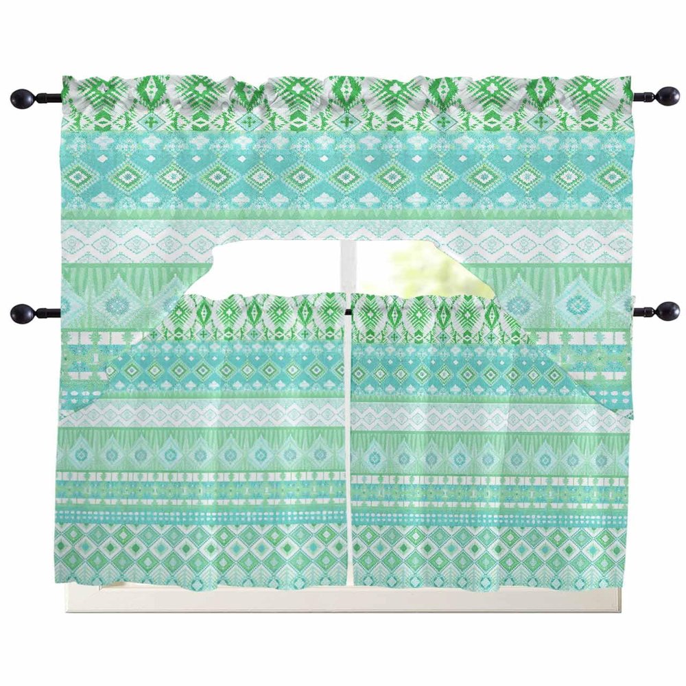 Aqua Green Boho Swag Curtains Valance and Tier Set,Rod Pocket Curtain Drapes for Bathroom Over Sink Kitchen Curtains 3 Piece Set Contemporary Batik Geometric Mandala Bohemian Swag Valances 36" Tiers
