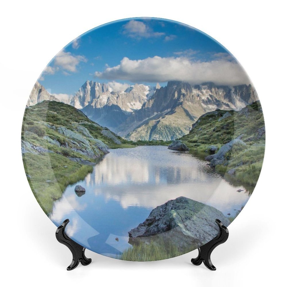 10" Ceramic Decorative Plates for Home Decor Mountains Lake Nature Sky Porcelain Wall Plate Ornament Modern Kitchen Dining Room Decoration Home Display Wobble-Plate