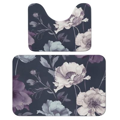 OURTEV Bathroom Rug Sets of 2 Bath Mat Hand Painted Flowers Absorbent Bath Rugs Set Non-Slip Toilet Mat U Shape Contour Rug Dry Quickly Shower Mat for Bathroom Bedroom Kitchen