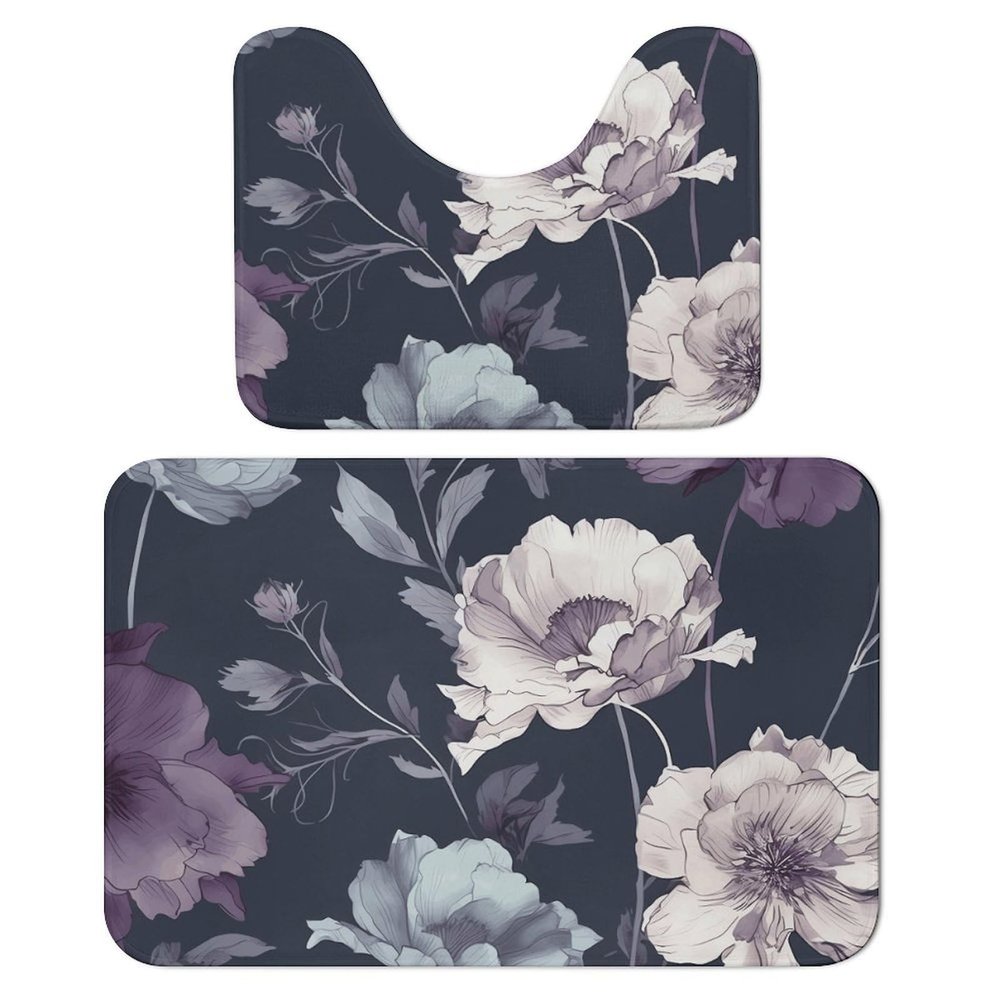 OURTEV Bathroom Rug Sets of 2 Bath Mat Hand Painted Flowers Absorbent Bath Rugs Set Non-Slip Toilet Mat U Shape Contour Rug Dry Quickly Shower Mat for Bathroom Bedroom Kitchen