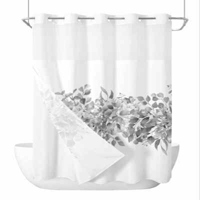 Gray Eucalyptus No Hooks Shower Curtain and Liner Set,Hotel Style Fabric Bathroom Shower Curtains Modern Pastoral Country French Botanical Leaf Waterproof Polyester See Through Bathtub Curtain,72"x84"