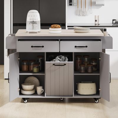 jurmiture Kitchen Island with Trash Can Storage Cabinet, Rolling Island Cart with Drop Leaf, Spice Rack, Towel Rack and Drawer, Rolling Kitchen Island on Wheels with Adjustable Shelf (Grey)