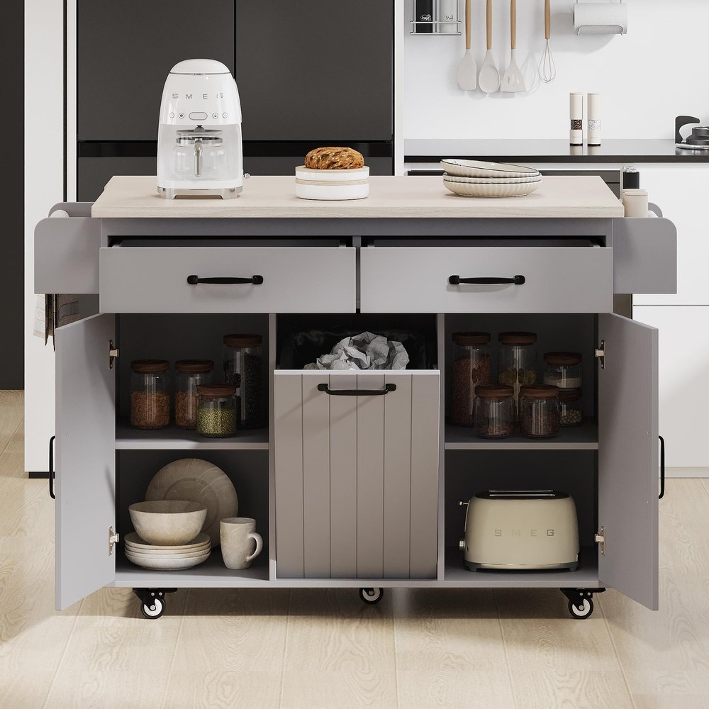 jurmiture Kitchen Island with Trash Can Storage Cabinet, Rolling Island Cart with Drop Leaf, Spice Rack, Towel Rack and Drawer, Rolling Kitchen Island on Wheels with Adjustable Shelf (Grey)