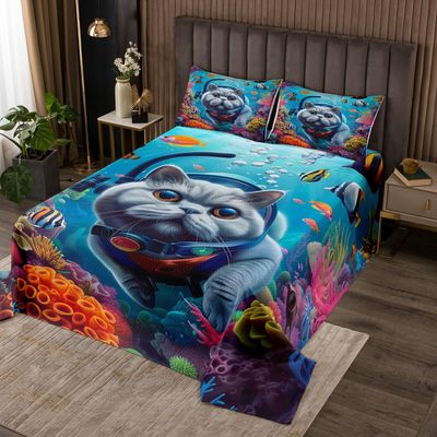 Cute Cat Kids Bedspread Queen Size,Cartoon Animals Swim Dive Summer Adventure Coverlet Set,Girls Boys Women Room Decor,Coral Goldfish Ocean Quilted Coverlet,Sea Blue Bedding Quilt,2 Pillowcases