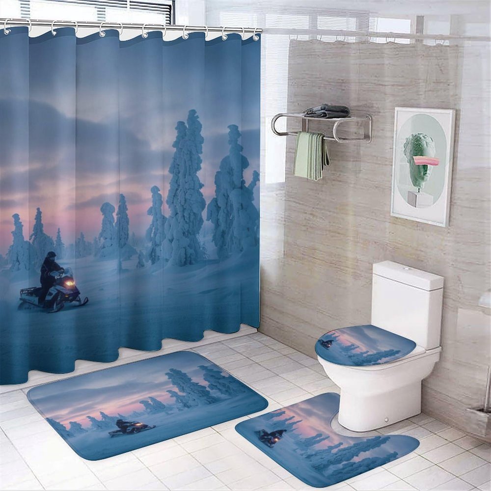 TOWINSFB 4Pcs Snowmobile Winter Forest Shower Curtain Set with Toilet Lid Cover Non-Slip Rugs for Bathroom, Snowy Mountain Tree Snowmobiling Sport Shower Curtain Bathroom Sets with Hooks, 72x72 Inch