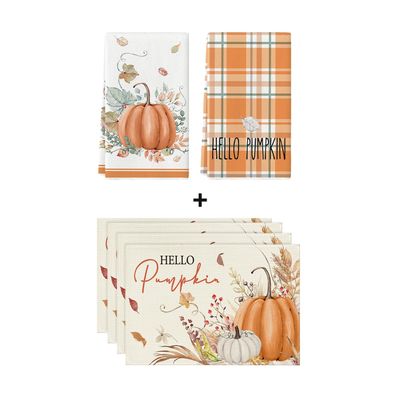 Artoid Mode Orange Hello Pumpkin Fall Dish Towels 2 pcs and Placemats Set of 4
