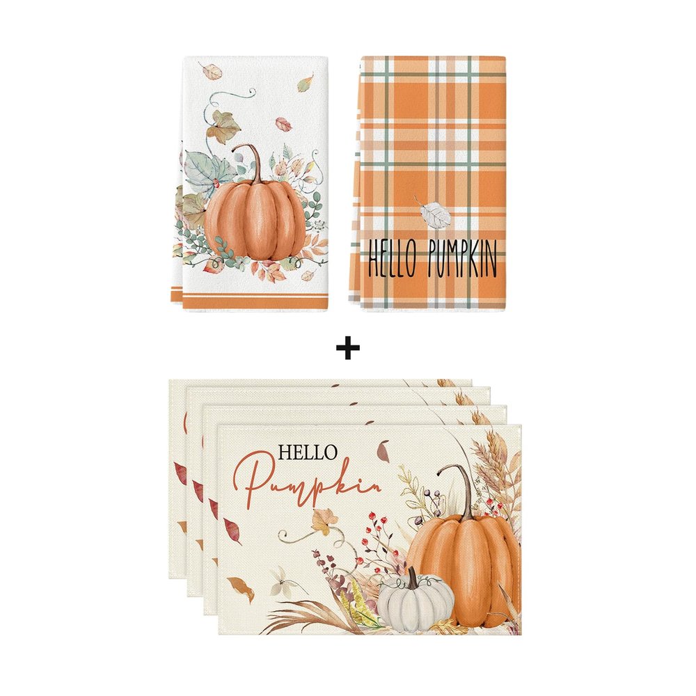 Artoid Mode Orange Hello Pumpkin Fall Dish Towels 2 pcs and Placemats Set of 4