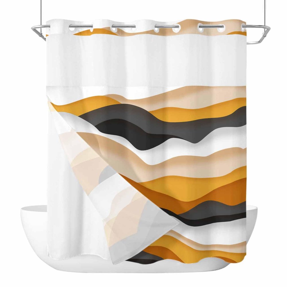 Abstract Orange No Hooks Shower Curtain and Liner Set,Hotel Style Fabric Bathroom Shower Curtains Ombre Geometric Black White Coastal Waves Waterproof Polyester See Through Bathtub Curtain,60"x72"