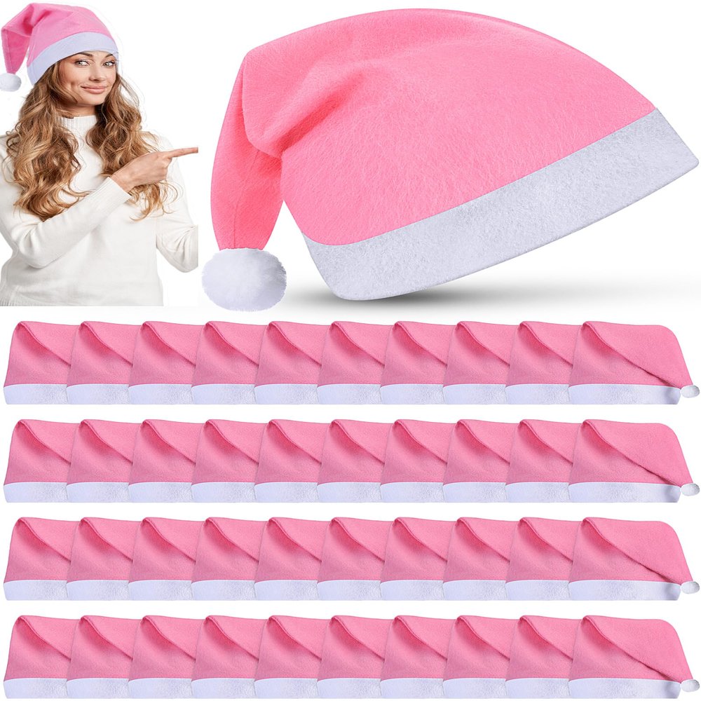 Vicenpal 50 Pcs Santa Hats Non Woven Christmas Holiday Party, Pink