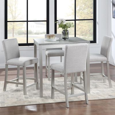 5 Piece Counter Height Dining Set, Wood Square Table and 4 Upholstered Chairs, Counter Height Table and Chairs of 4, 5 Piece Dining Table Set for Living Room Dining Room, Silver Grey