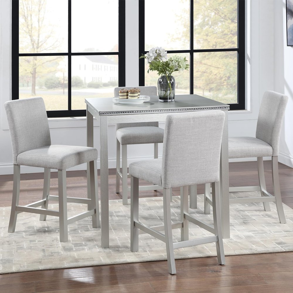 5 Piece Counter Height Dining Set, Wood Square Table and 4 Upholstered Chairs, Counter Height Table and Chairs of 4, 5 Piece Dining Table Set for Living Room Dining Room, Silver Grey