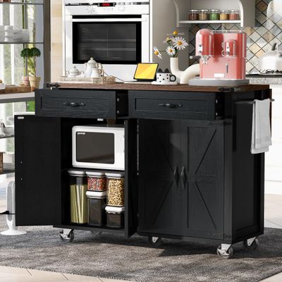 jurmiture 53.5''Farmhouse Kitchen Island with Power Outlet, Rolling Kitchen Cart with Drop Leaf, Storage Cabinet Table, Spice Rack and Drawer for Home, Kitchen and Dining Room (Black)