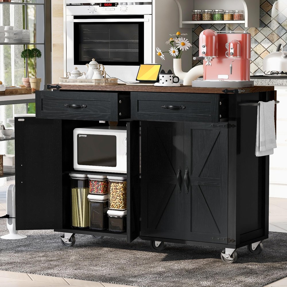 jurmiture 53.5''Farmhouse Kitchen Island with Power Outlet, Rolling Kitchen Cart with Drop Leaf, Storage Cabinet Table, Spice Rack and Drawer for Home, Kitchen and Dining Room (Black)