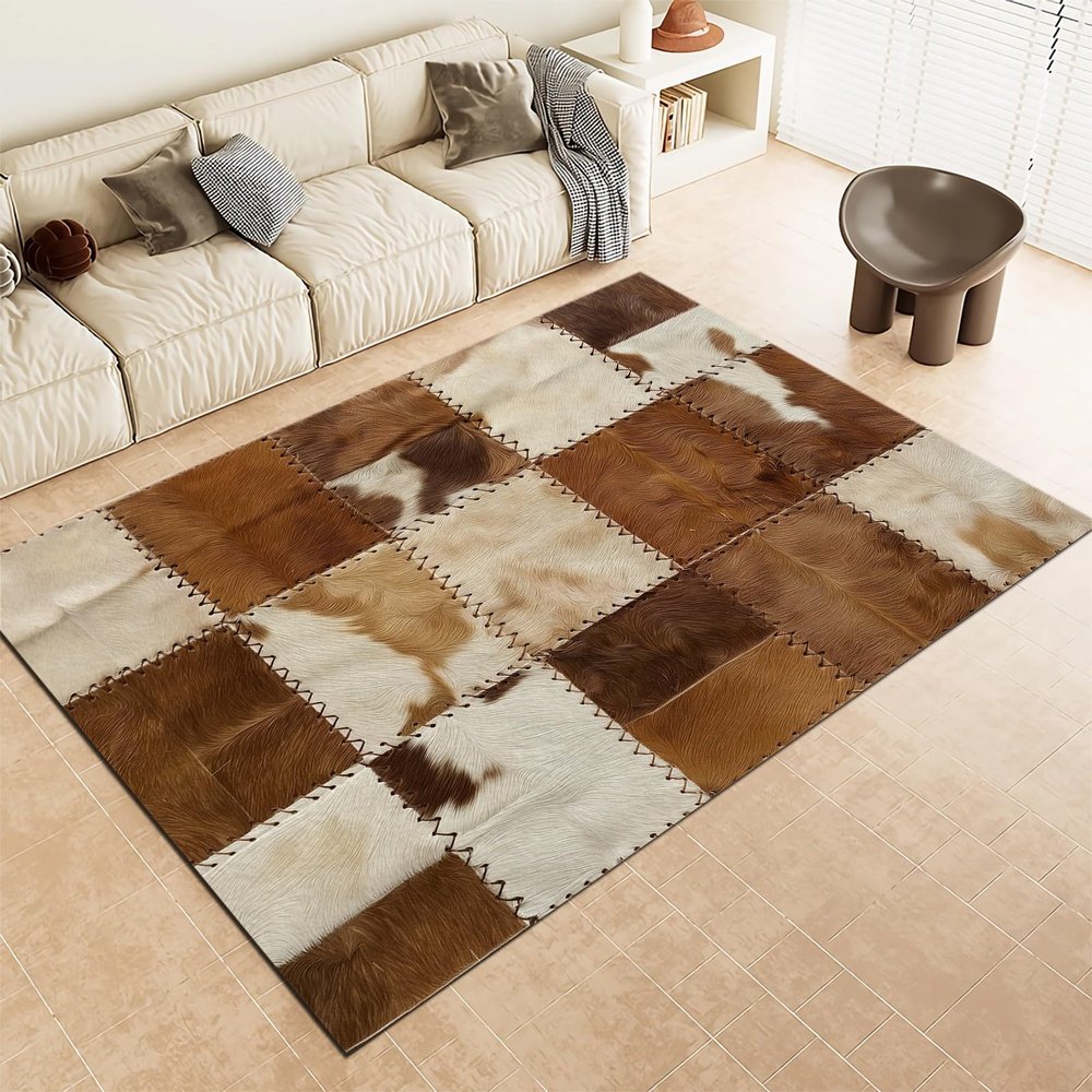 Area Rugs Cowhide Patchwork Stripes Printed Rugs Living Room Non-Slip Short Pile Rug 3x4 ft, Farmhouse Style Soft Rectangle Rugs for Bedroom Home Decor Carpet Machine Washable Rug