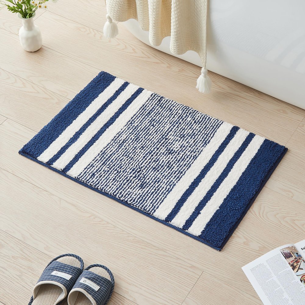 CozeCube Bath mats for Bathroom Non Slip, Fluffy Absorbent Microfiber Bath mat Washable, Aesthetic Bathroom Rugs, Small Navy Blue Striped Bath mat, Navy Blue, 24" x 16"