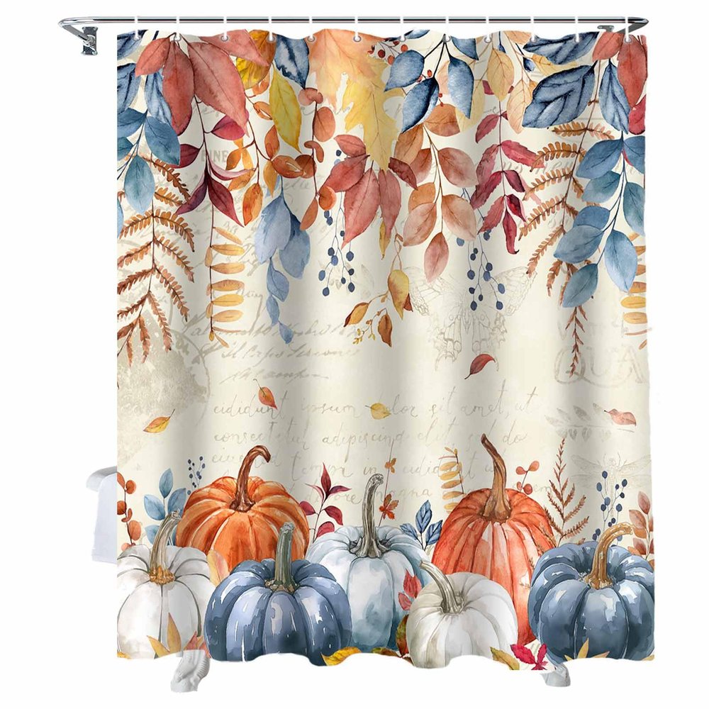 Fall Shower Curtain Autumn Pumpkin Thanksgiving Shower Curtains for Bathroom Fall Leaves Bath Curtains Sets with Hooks for Autumn Thanksgiving Seasonal Decor Fabric Waterproof Small Stall 36" X 72"