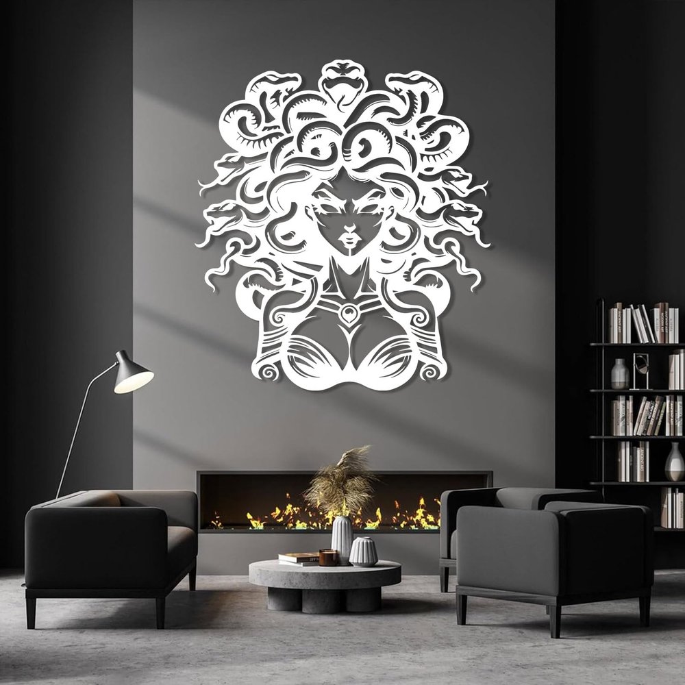 LARNT Metal Medusa Wall Art, Medusa Metal Wall Decor, Medusa Head Decor, Greek Mythology Art, Snake Wall Decor, Gothic Wall Decor, Above Bed Decor, Medusa Wall Sign (White, 27"x30"|68x76cm)