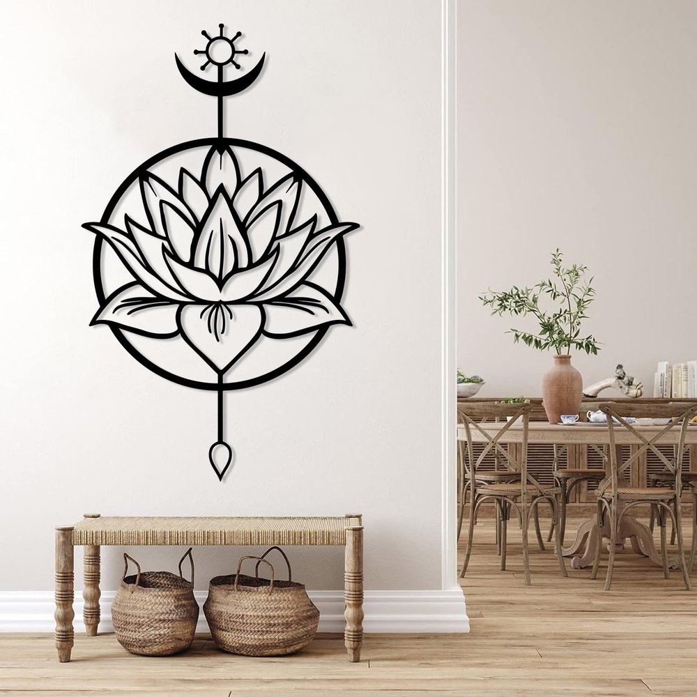 Lotus Mandala Metal Wall Art, Lotus Flower Wall Art, Lotus Flower Wall Decor, Spiritual Wall Decor, Zen Art Wall Decor, Namaste Decor, Yoga Room Wall Decor, Yoga Gift (Black, 29"x48"|74x121cm)