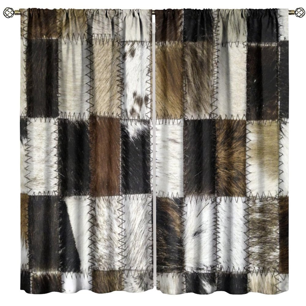 BenYaSong 3D Cow Fur Print Blackout Window Curtain Cowhide Patchwork Plaid Western Farmhouse Animals Vintage Cowboy Style for Home Kitchen Livingroom Coffee Room Window Curtain 2Panel 72" W X 63" L