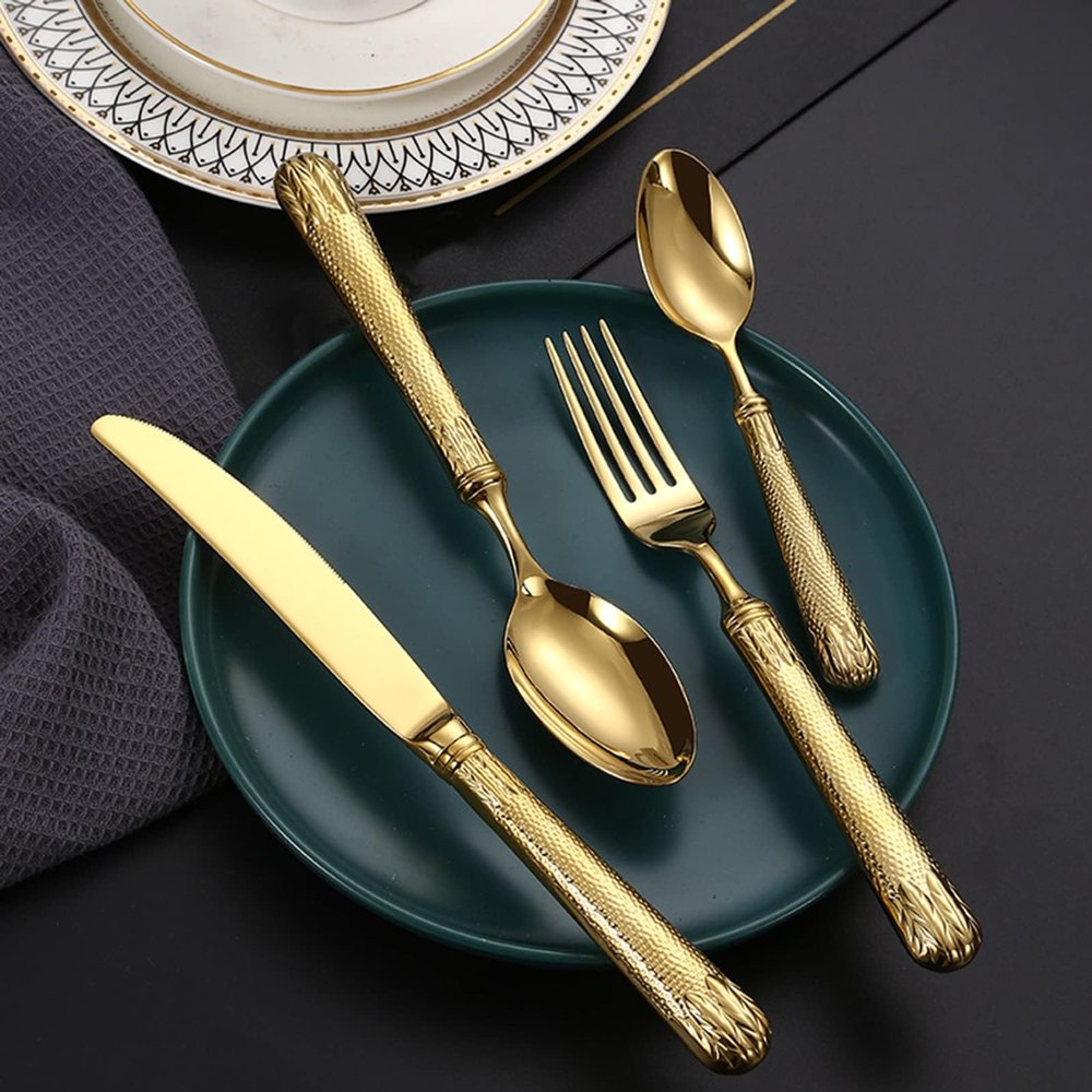 exquisite flatware set for 18, 18/8 stainless steel cutlery set,silver plated with Titanium plated gold, Gold and silver Wheat pattern handleFine Silverware set and Dishwasher Safe