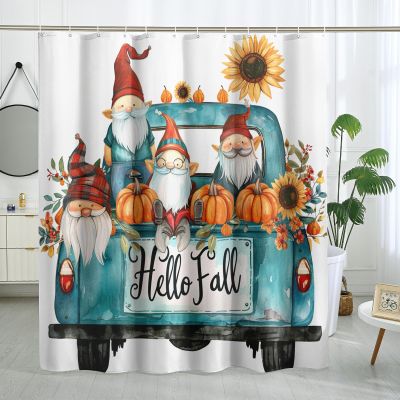 TPHIHPT Fall Gnome Shower Curtain Set, Autumn Teal Truck Shower Curtain Watercolor Pumpkin Bathroom Accessories, Polyester Fabric Decorative -62"x72"