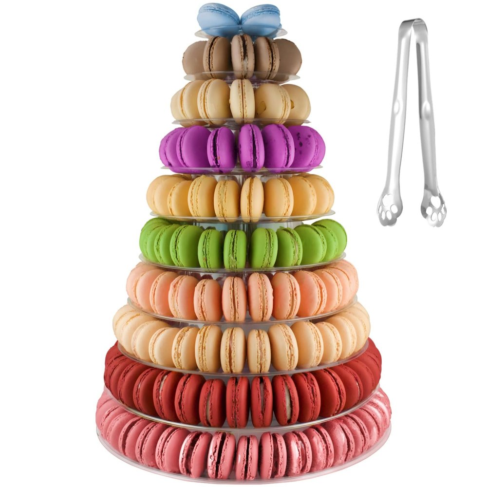 10-Tier Clear Macaron Display Stand, Plastic Macaron Tray Tower with Stainless Steel Serving Tongs, Clear Round Macaron Display Rack, Cupcake Dessert Stand for Weddings, Birthday Parties, Bakeries