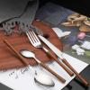 Vintage wooden cutlery set, 18/8 walnut stainless steel faltware set,Retro natural Wooden Handle flatware Set With Silver Mirror Polished Stainless Steel Dinnerware, Silver wooden small waist handle view 3