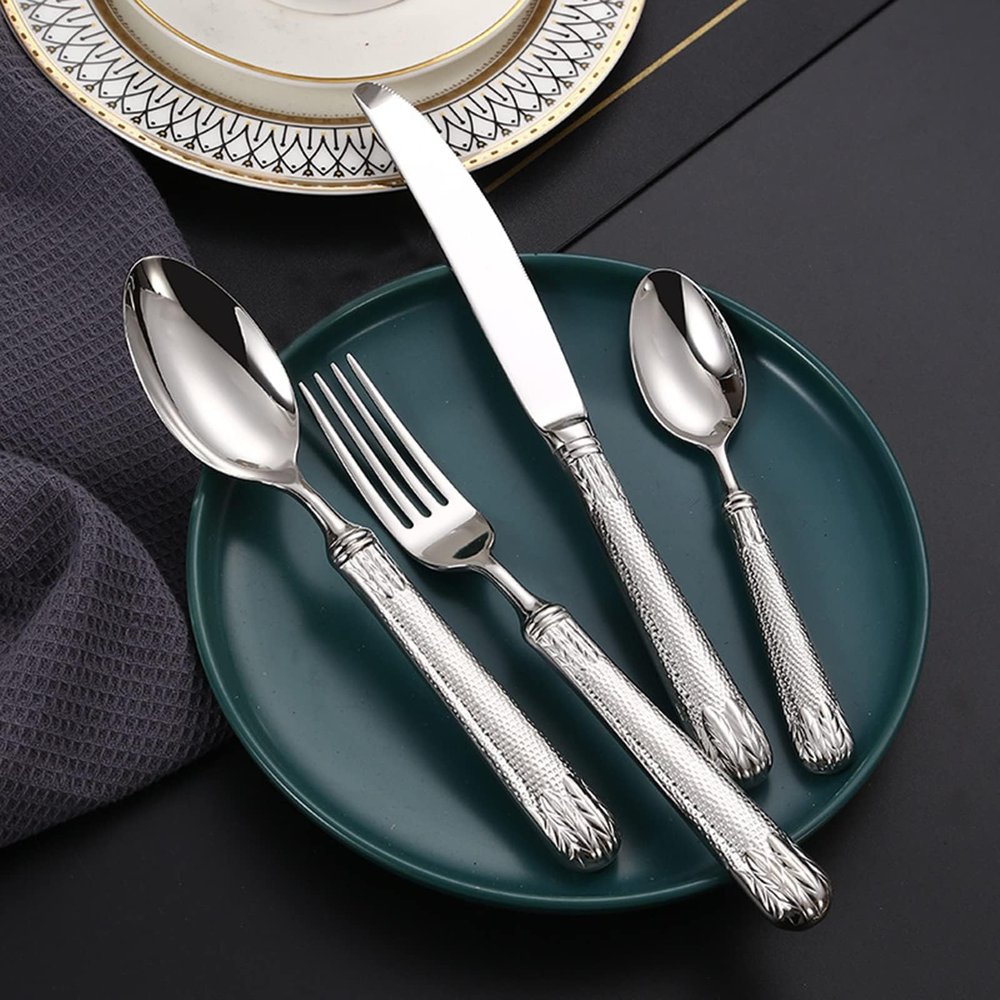 exquisite flatware set for 8, 18/8 stainless steel cutlery set,silver plated with Titanium plated gold, Gold and silver Wheat pattern handleFine Silverware set and Dishwasher Safe