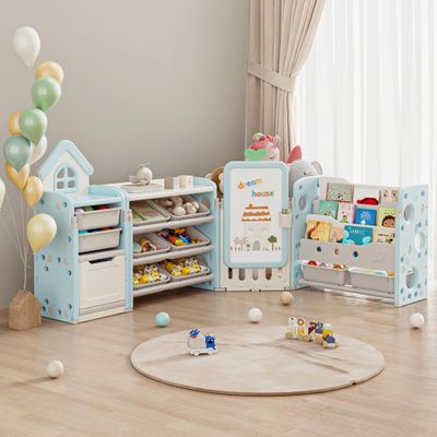 Kids Toy Storage Organizer with 10 Removable Bins, Foldable Toy Organizers and Storage with 3-Tier Bookshelf for Kids Toy Storage Organizer with Drawing Board, Extra 3 Brushes (4 In 1 Light Blue)