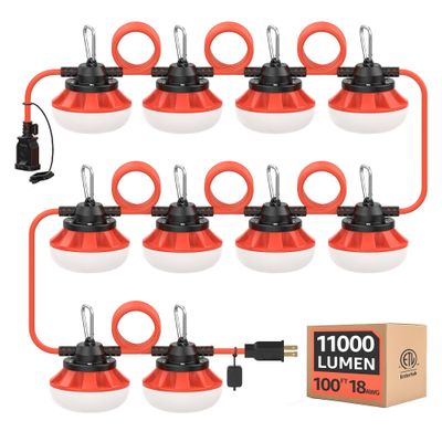 Omlite 100FT Temporary Construction String Lights:100W 11000LM ETL Certified Industrial LED String Work Lights,IP65 Waterproof 18AWG Wire Super Bright for Garage Mine cave,with Hanging Hooks